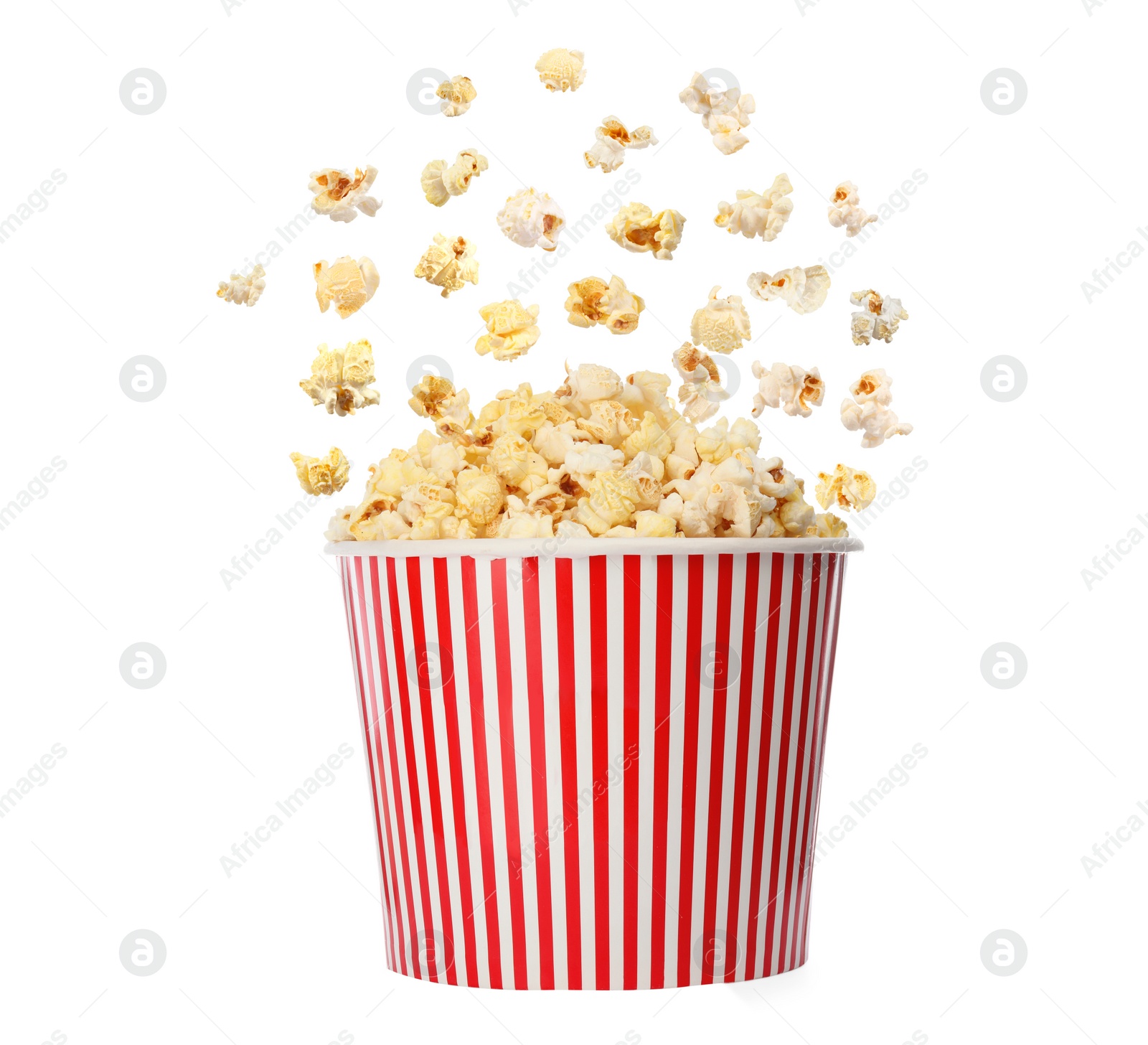 Image of Popcorn flying into bucket on white background