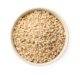 Dry pearl barley in bowl isolated on white, top view