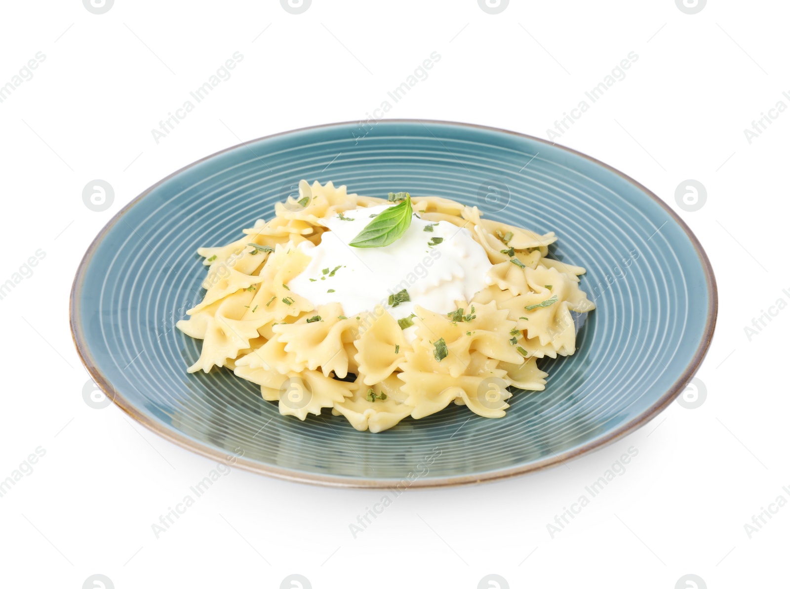 Photo of Tasty pasta with sauce and basil isolated on white