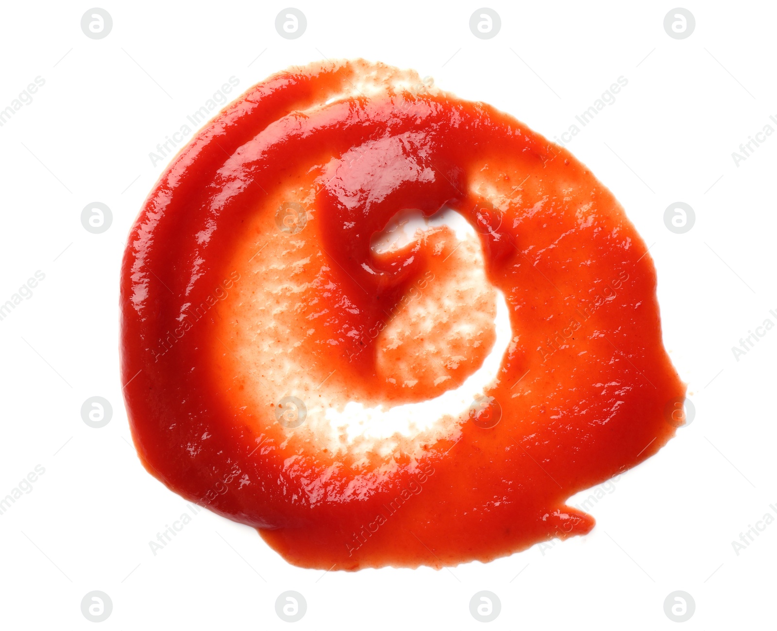 Photo of Tasty ketchup on white background, top view