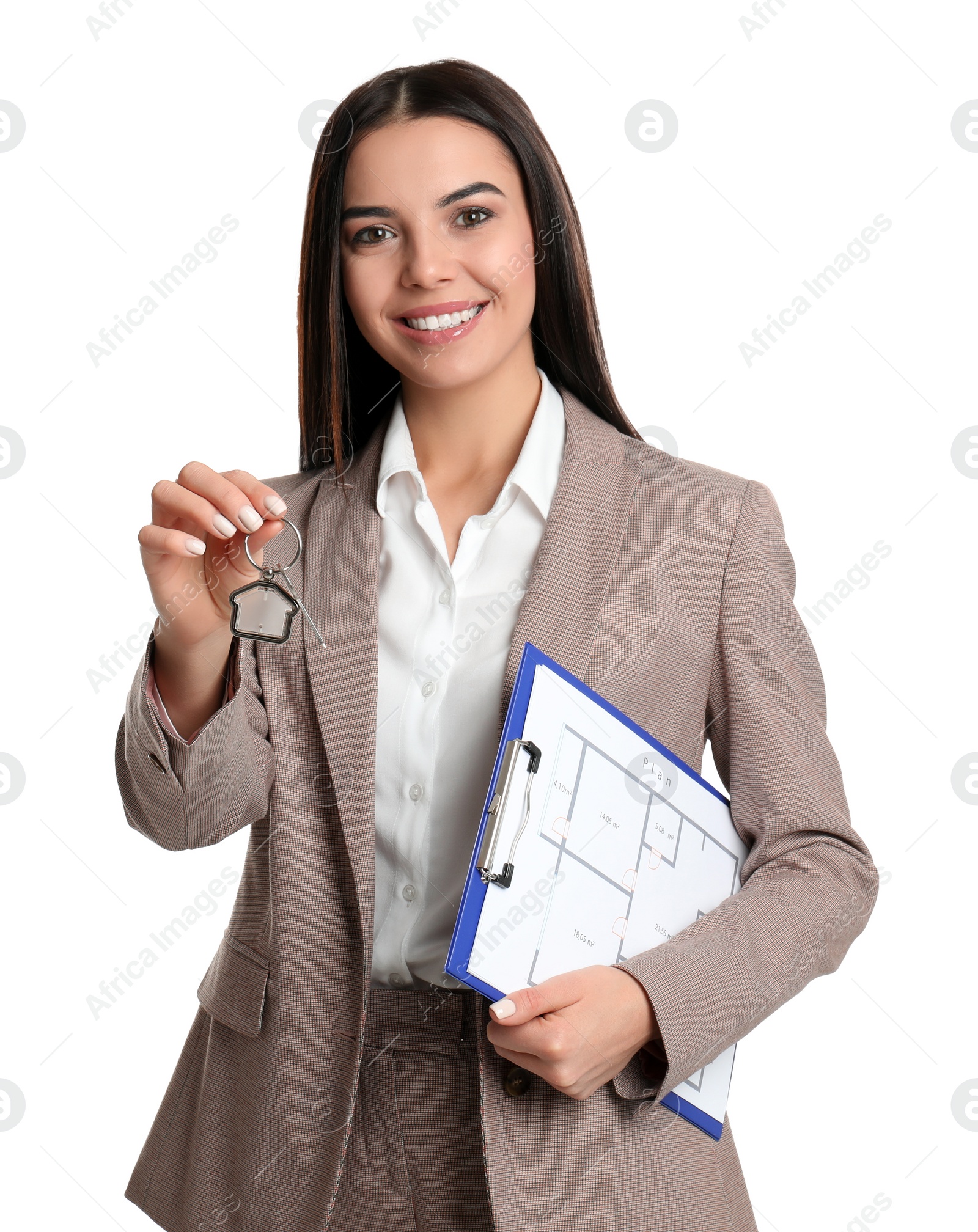 Photo of Real estate agent with key and clipboard on white background