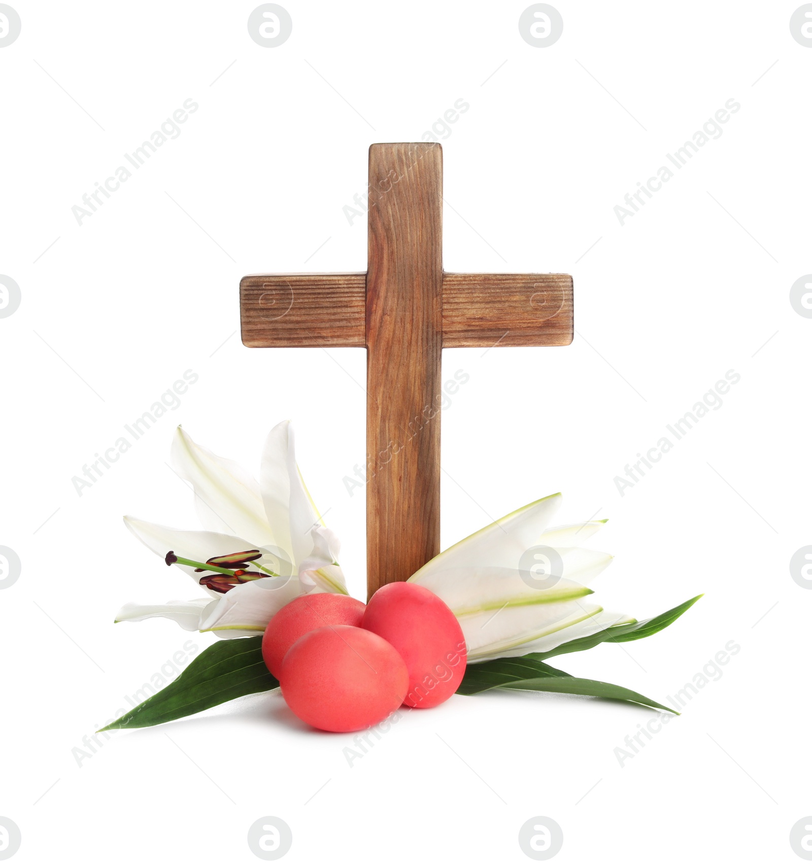 Photo of Wooden cross, Easter eggs and blossom lilies on white background