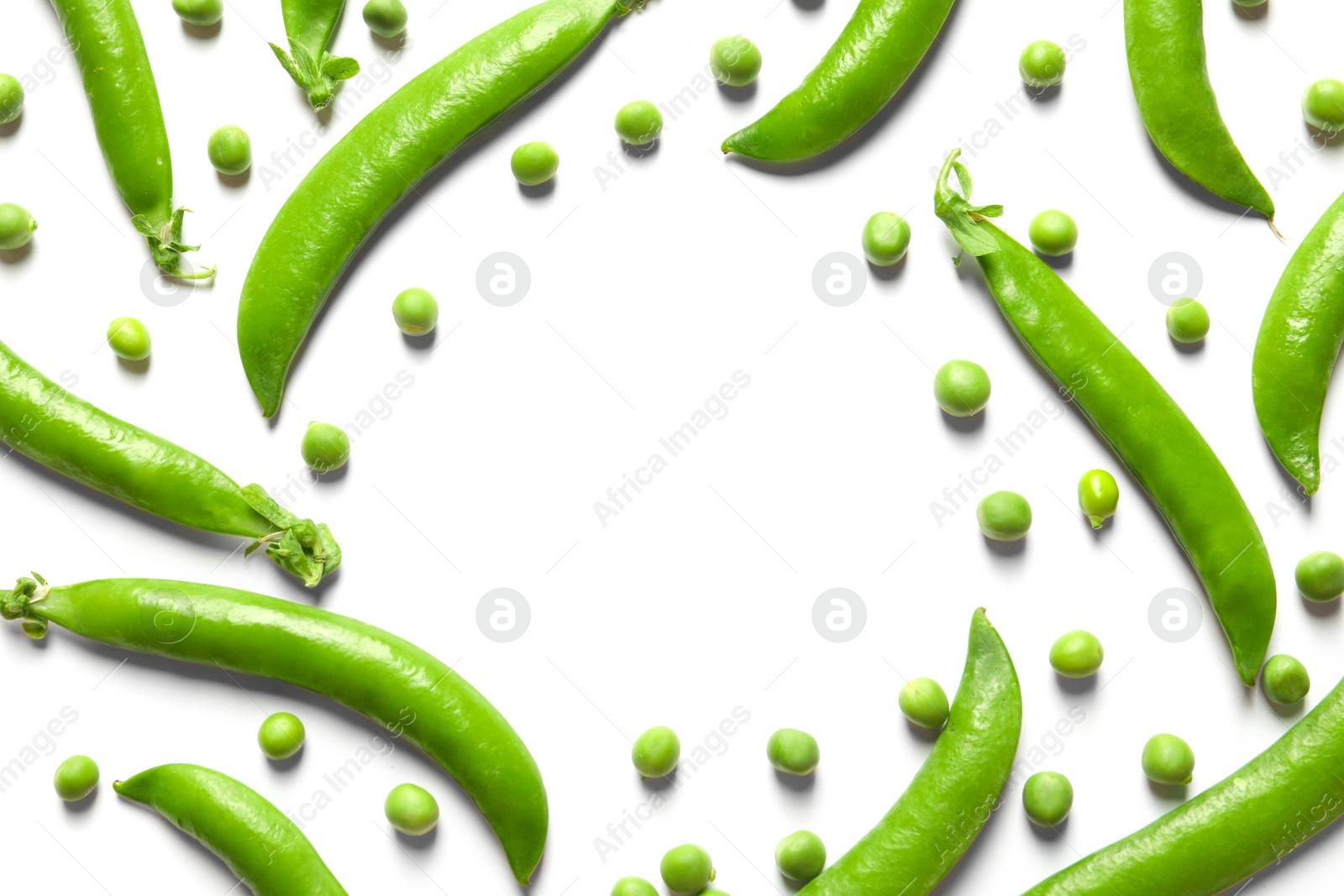 Photo of Flat lay composition with fresh peas on white background