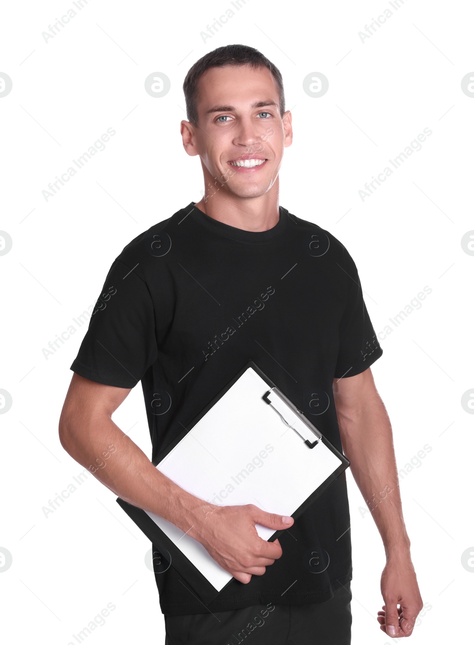 Photo of Portrait of personal trainer with clipboard on white background. Gym instructor