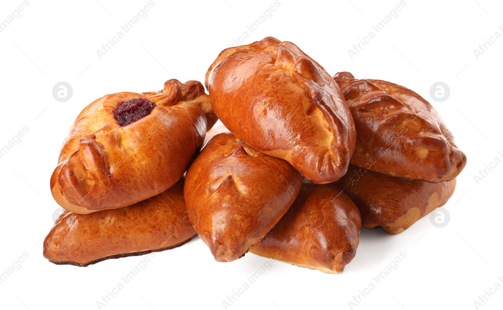 Photo of Many delicious baked patties on white background