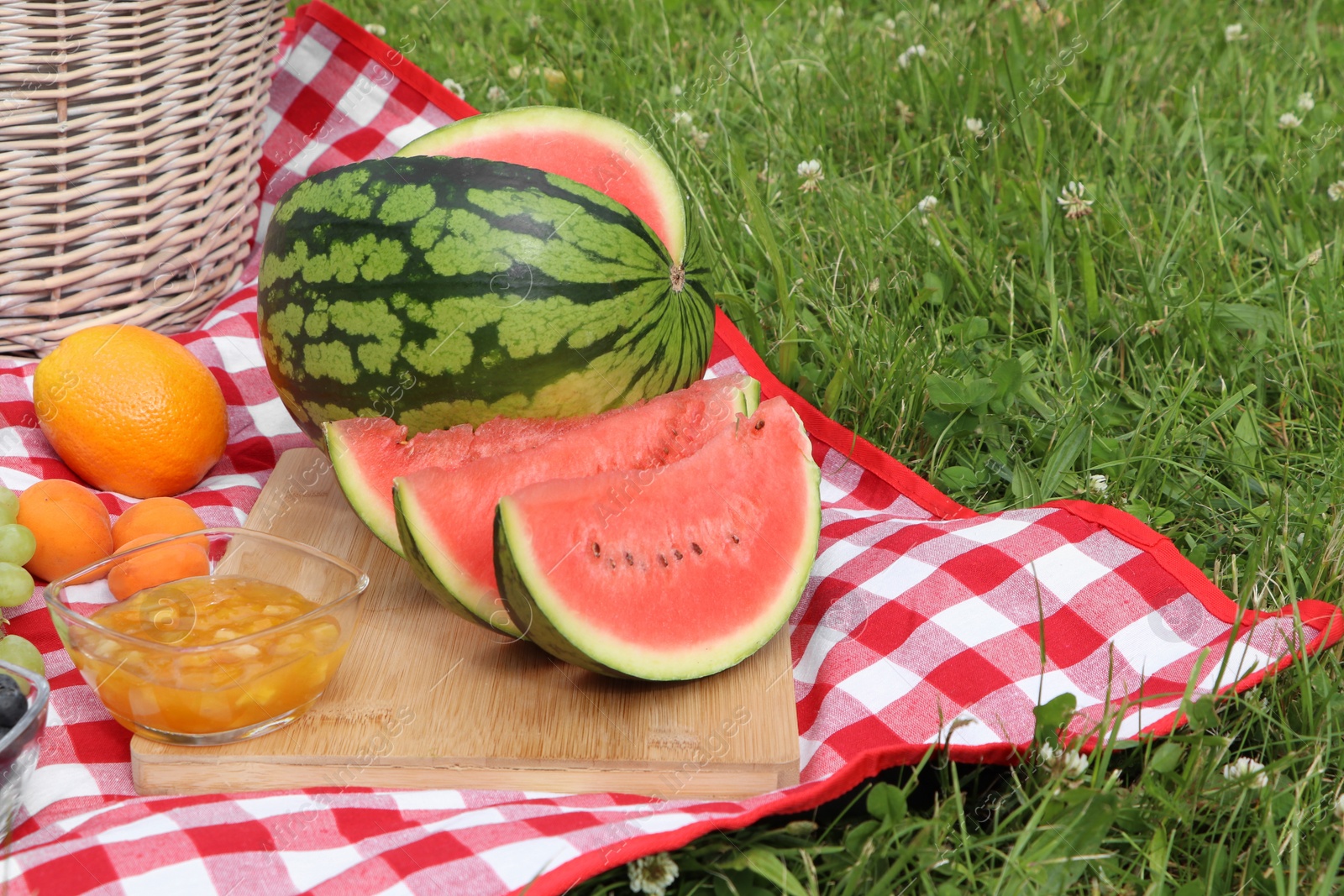 Photo of Picnic blanket with delicious food outdoors on summer day