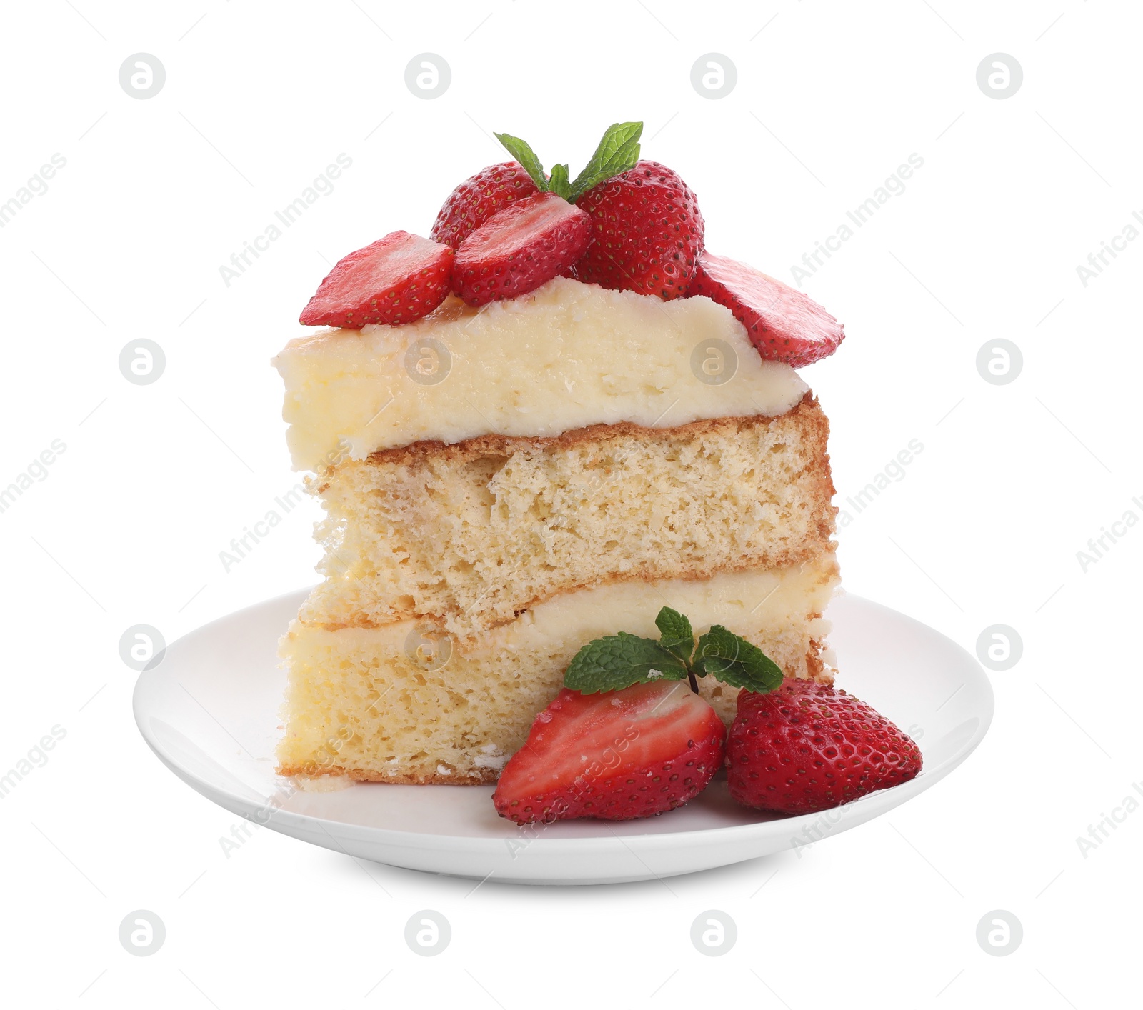 Photo of Piece of tasty cake with fresh strawberries and mint isolated on white