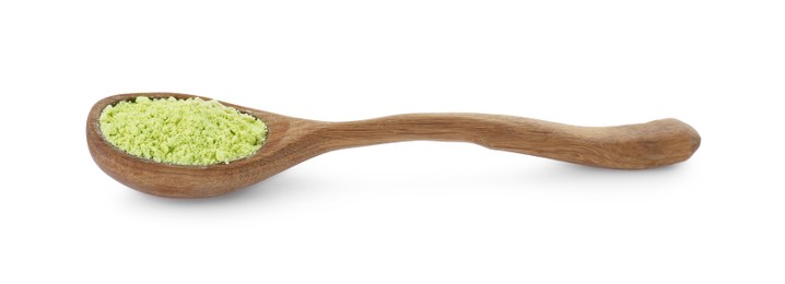 Wooden spoon of celery powder isolated on white