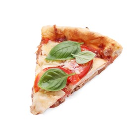 Piece of delicious Caprese pizza isolated on white