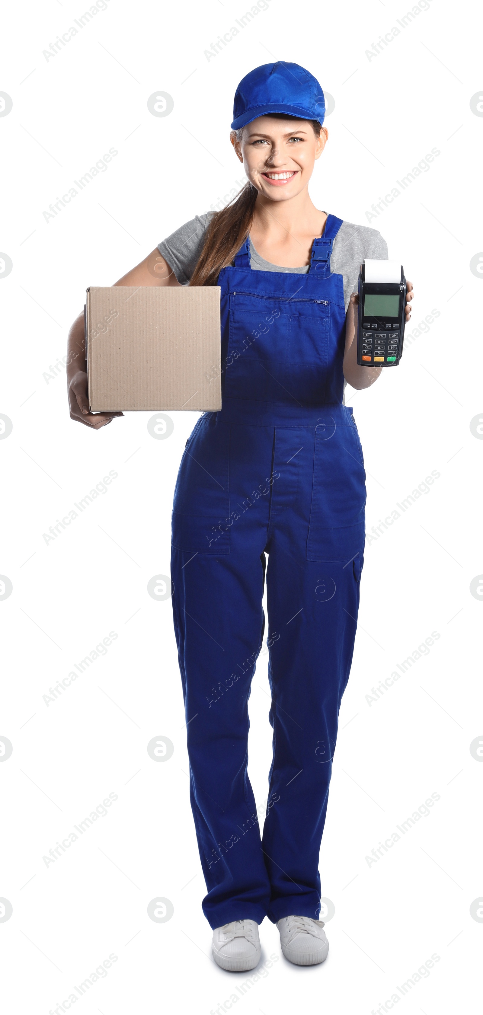 Photo of Smiling courier with payment terminal and parcel isolated on white