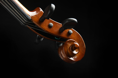 Photo of Beautiful violin on black background, closeup view