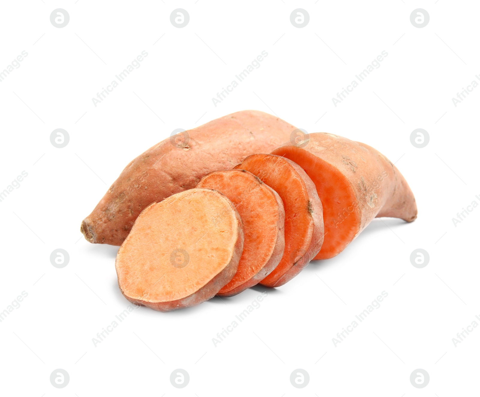 Photo of Cut and whole sweet potatoes on white background