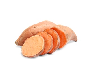 Photo of Cut and whole sweet potatoes on white background