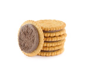 Photo of Tasty sandwich cookies with chocolate cream on white background