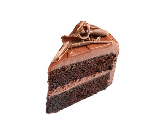 Photo of Piece of tasty homemade chocolate cake on white background