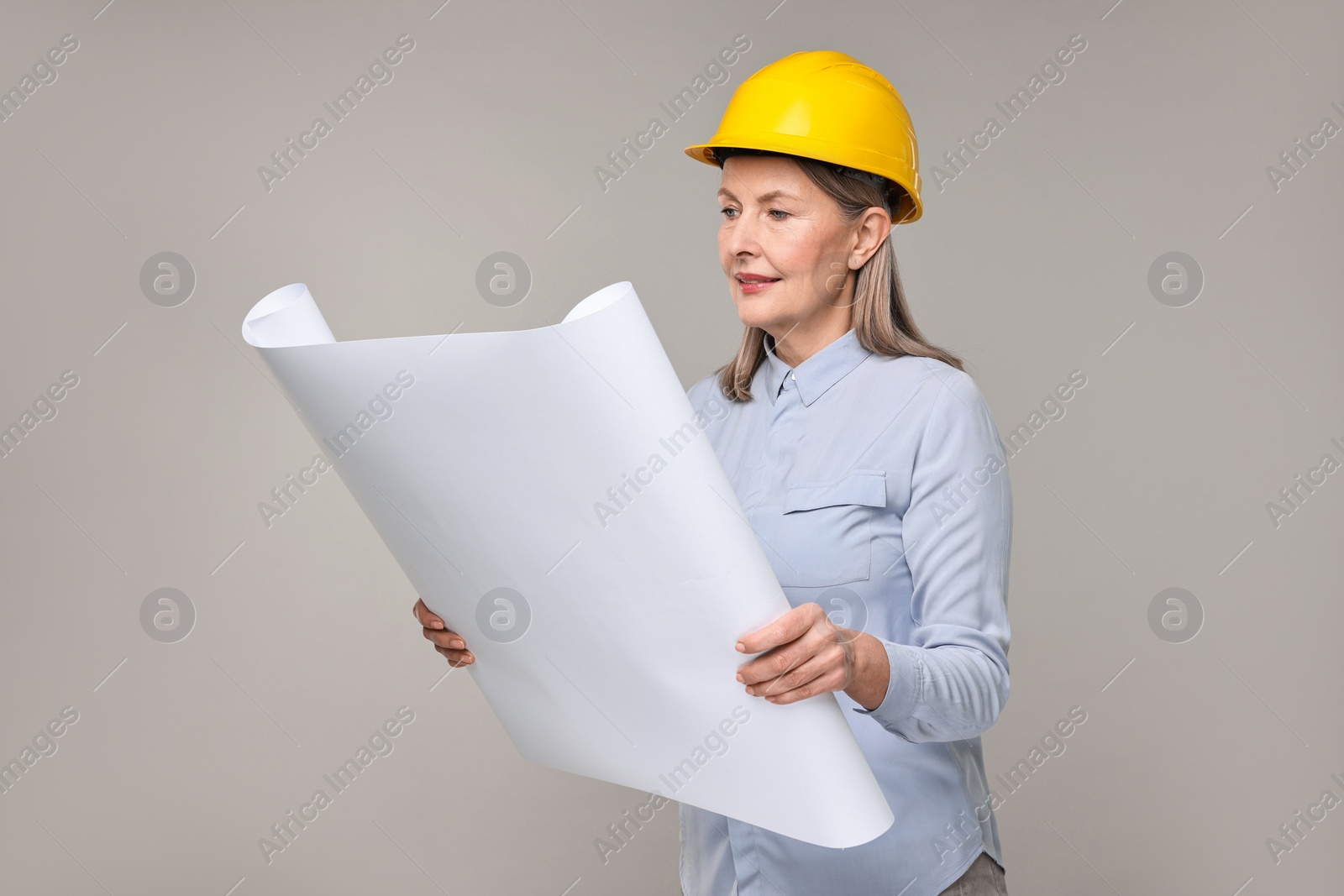 Photo of Architect in hard hat with draft on grey background