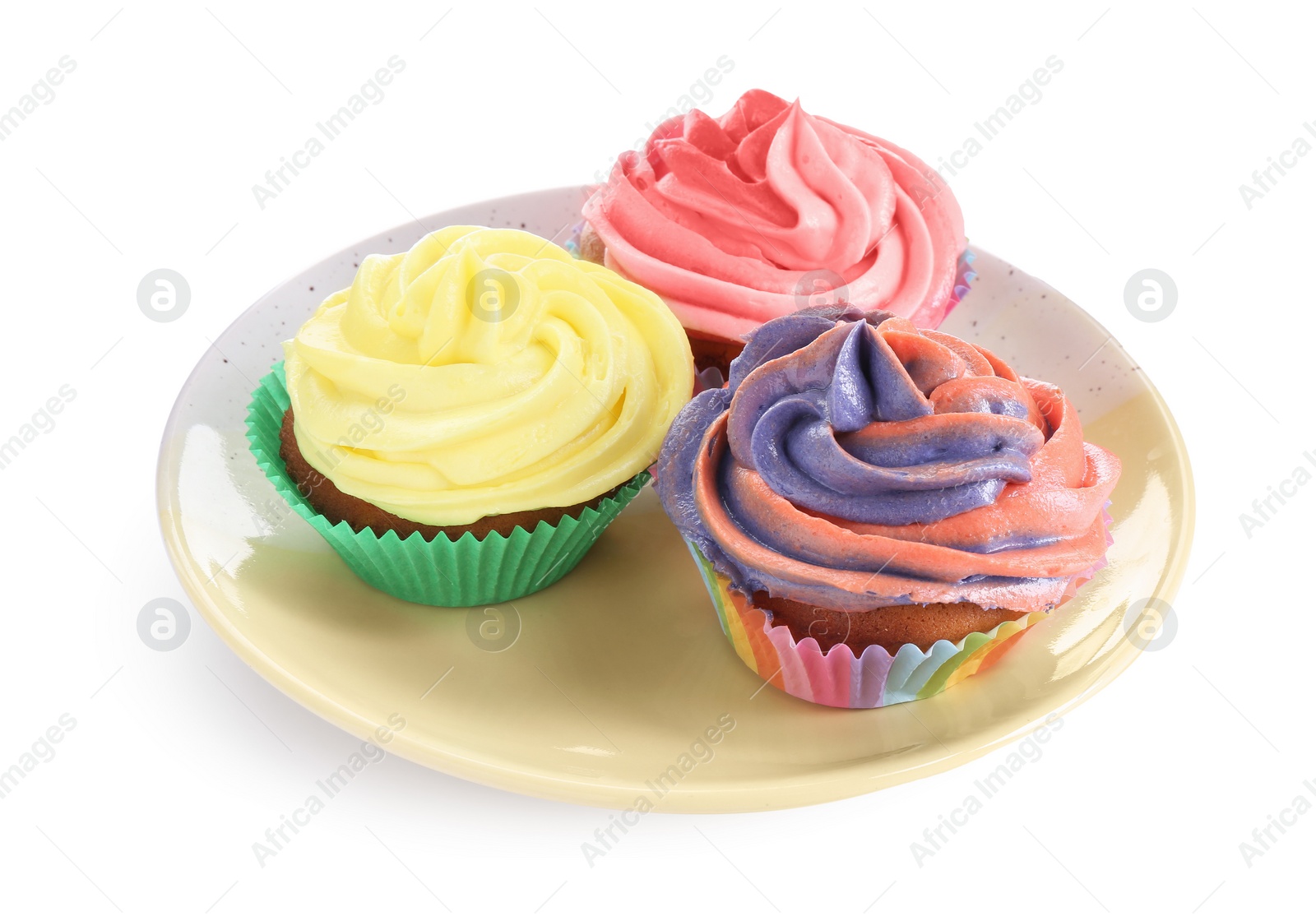 Photo of Different tasty cupcakes with cream isolated on white