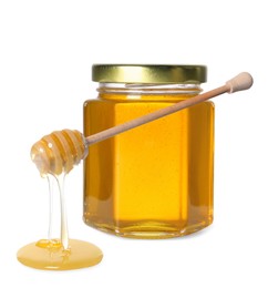 Image of Natural honey dripping from dipper. Jar full of honey on white background