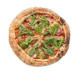 Photo of Tasty pizza with meat and arugula isolated on white, top view