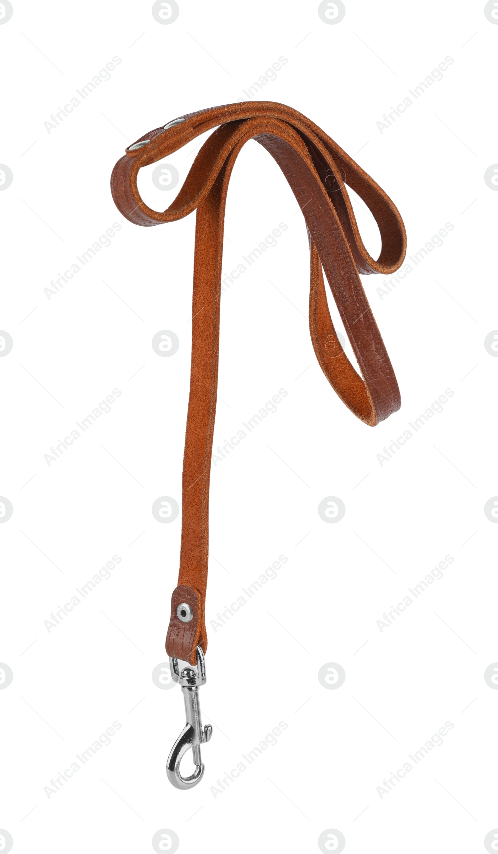 Photo of Brown leather dog leash isolated on white