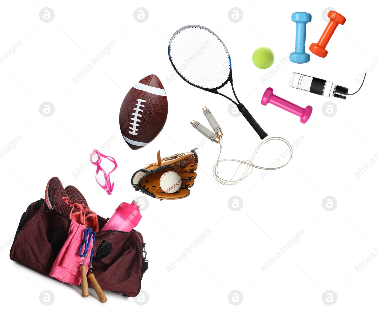 Image of Sports bag and different gym stuff flying on white background