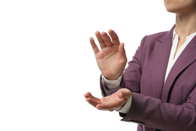 Photo of Businesswoman holding something on white background, closeup