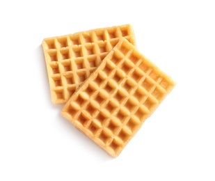 Photo of Delicious waffles for breakfast on white background, top view