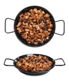 Image of Tasty cracklings in frying pans on white background, collage. Cooked pork lard