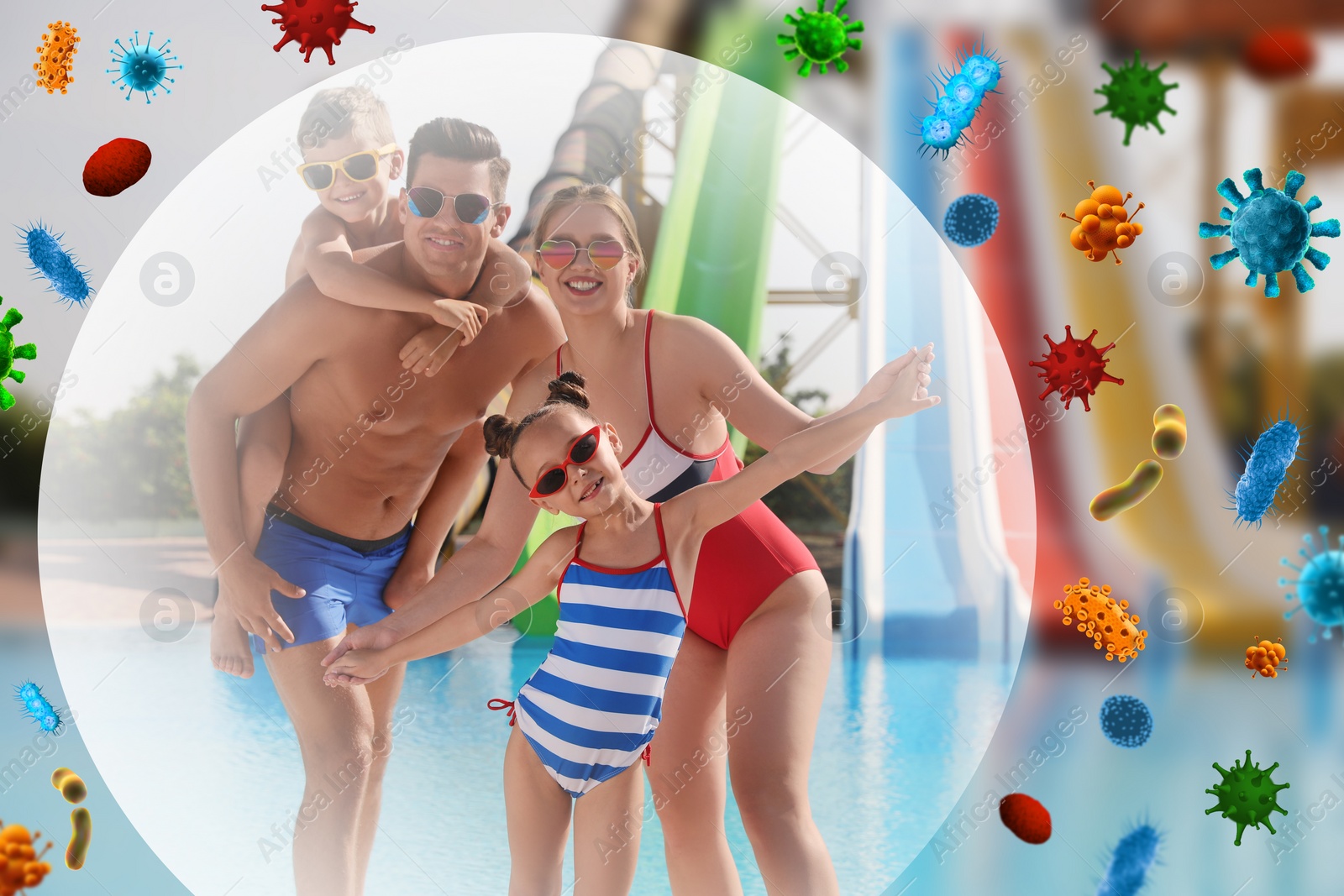 Image of Happy family having fun in water park. Bubble around them symbolizing strong immunity blocking viruses