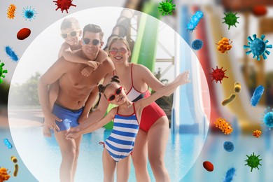 Image of Happy family having fun in water park. Bubble around them symbolizing strong immunity blocking viruses