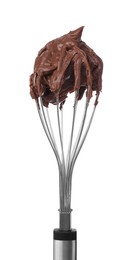 Photo of Balloon whisk with chocolate cream isolated on white