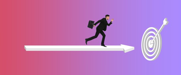 Image of Target achievement. Businessman running on arrow, leading him to dartboard on gradient color background, banner design