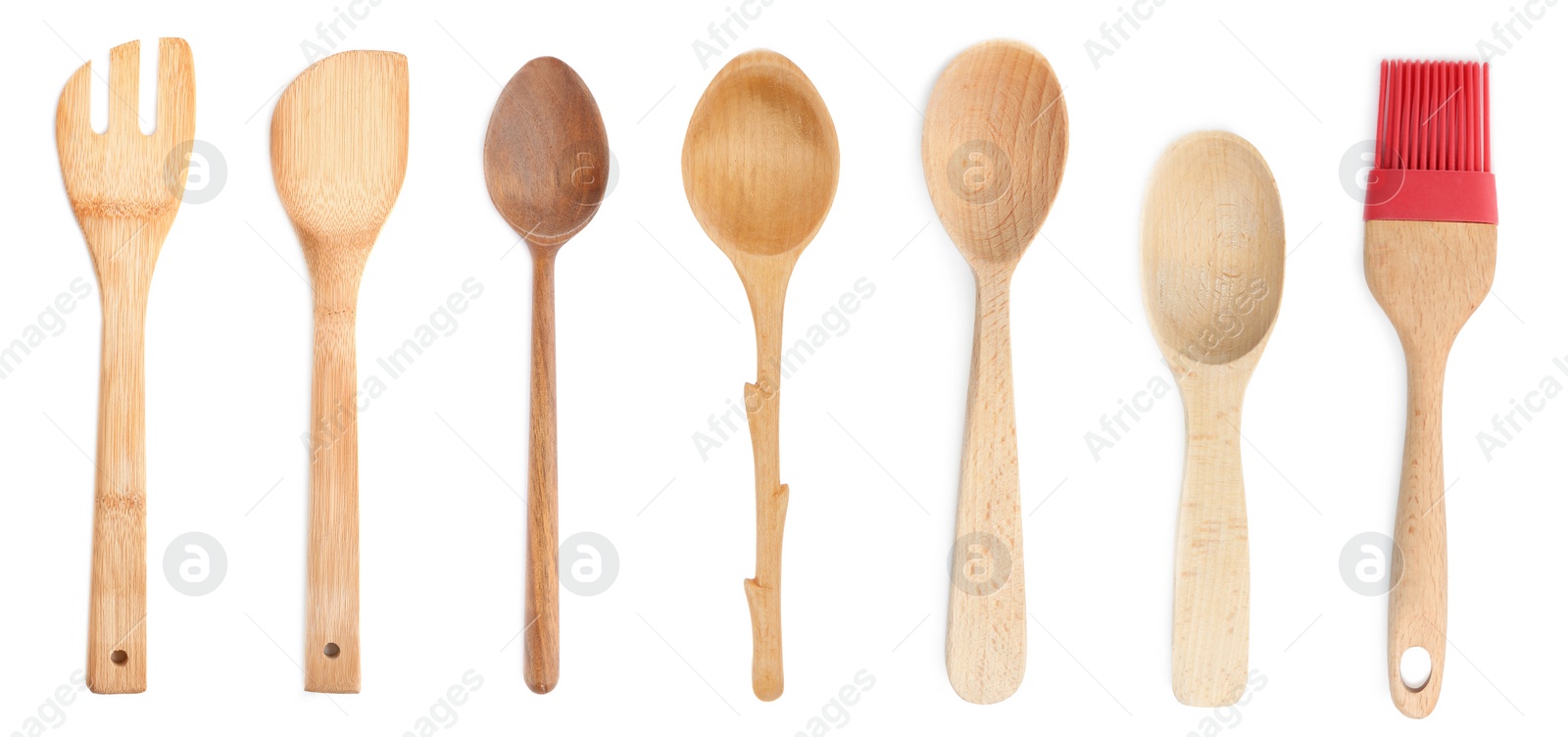 Image of Set with different wooden cooking utensils on white background, banner design