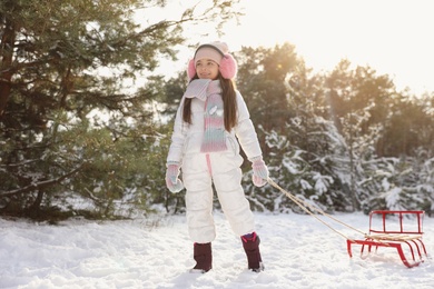 Photo of Cute little girl with sleigh outdoors on winter day