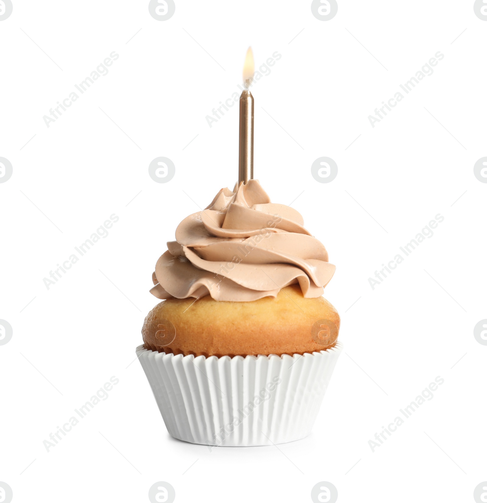 Photo of Delicious birthday cupcake with candle on white background