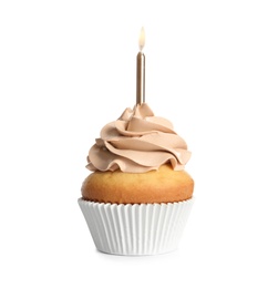 Delicious birthday cupcake with candle on white background