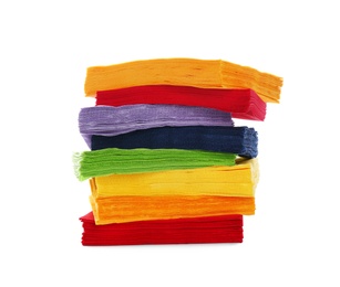 Photo of Stack of colorful paper napkins on white background