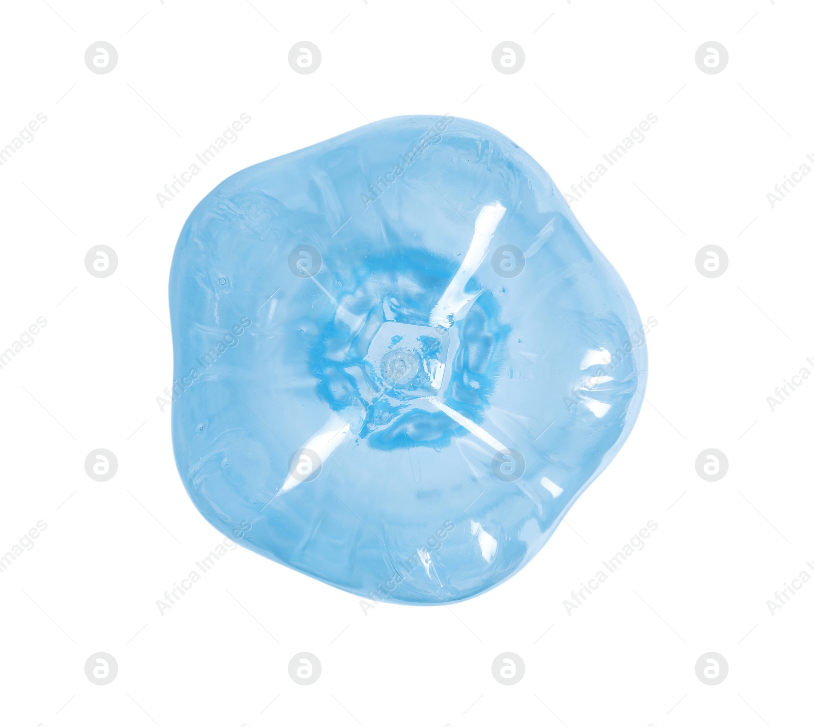 Photo of One plastic bottle on white background, top view. Recycle concept