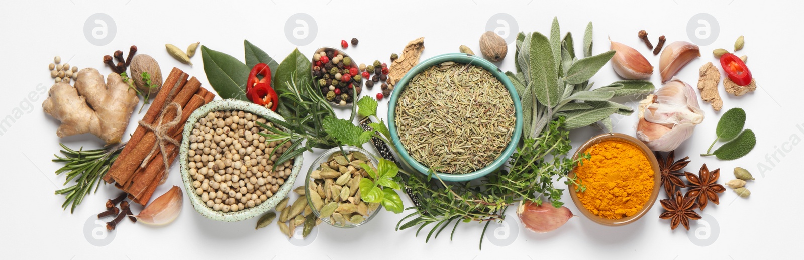 Image of Different fresh herbs and spices on white background, flat lay. Banner design