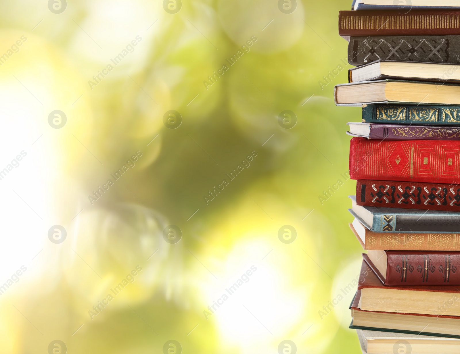 Image of Collection of different books on blurred background, space for text