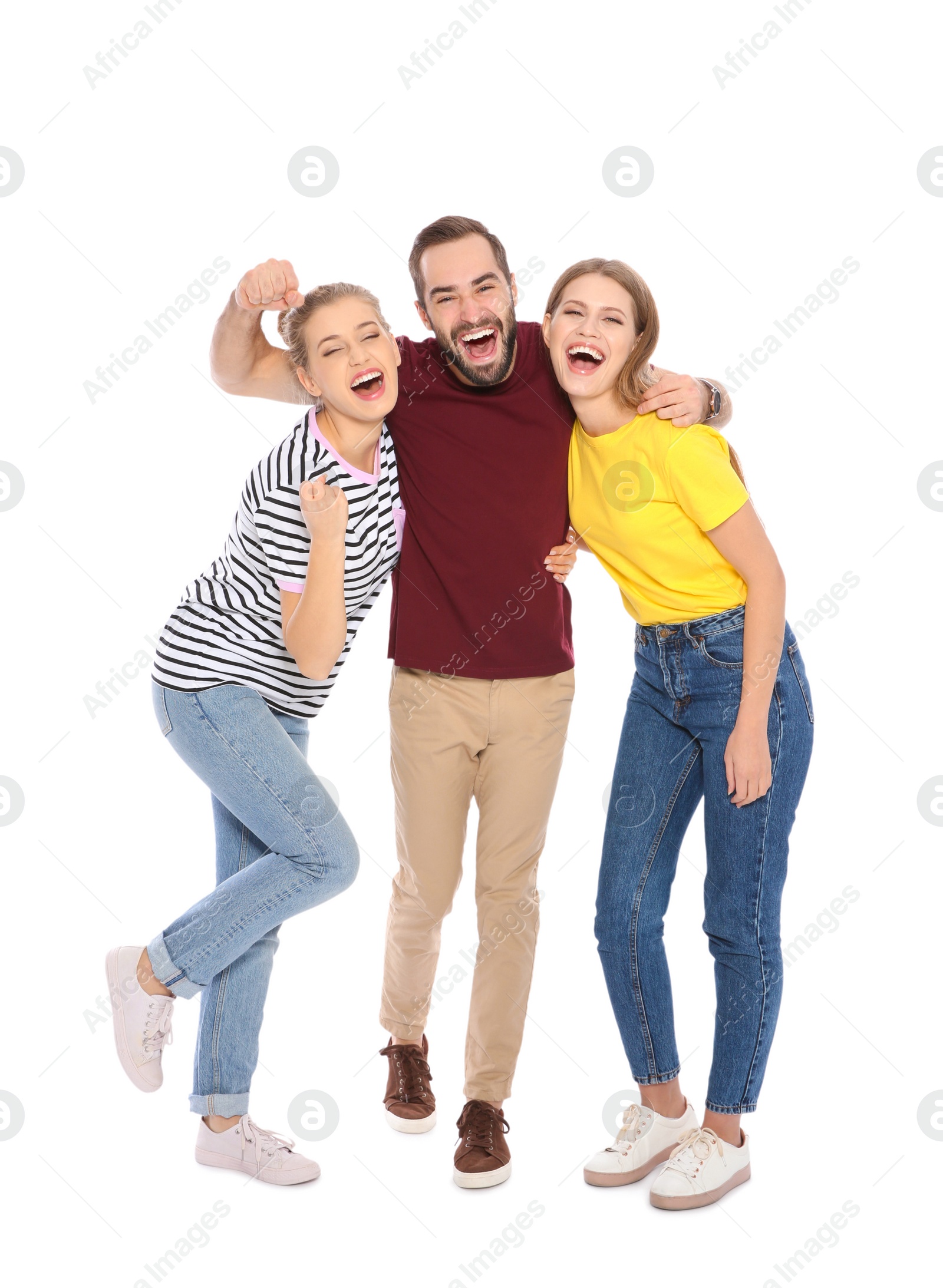 Photo of Young people celebrating victory on white background