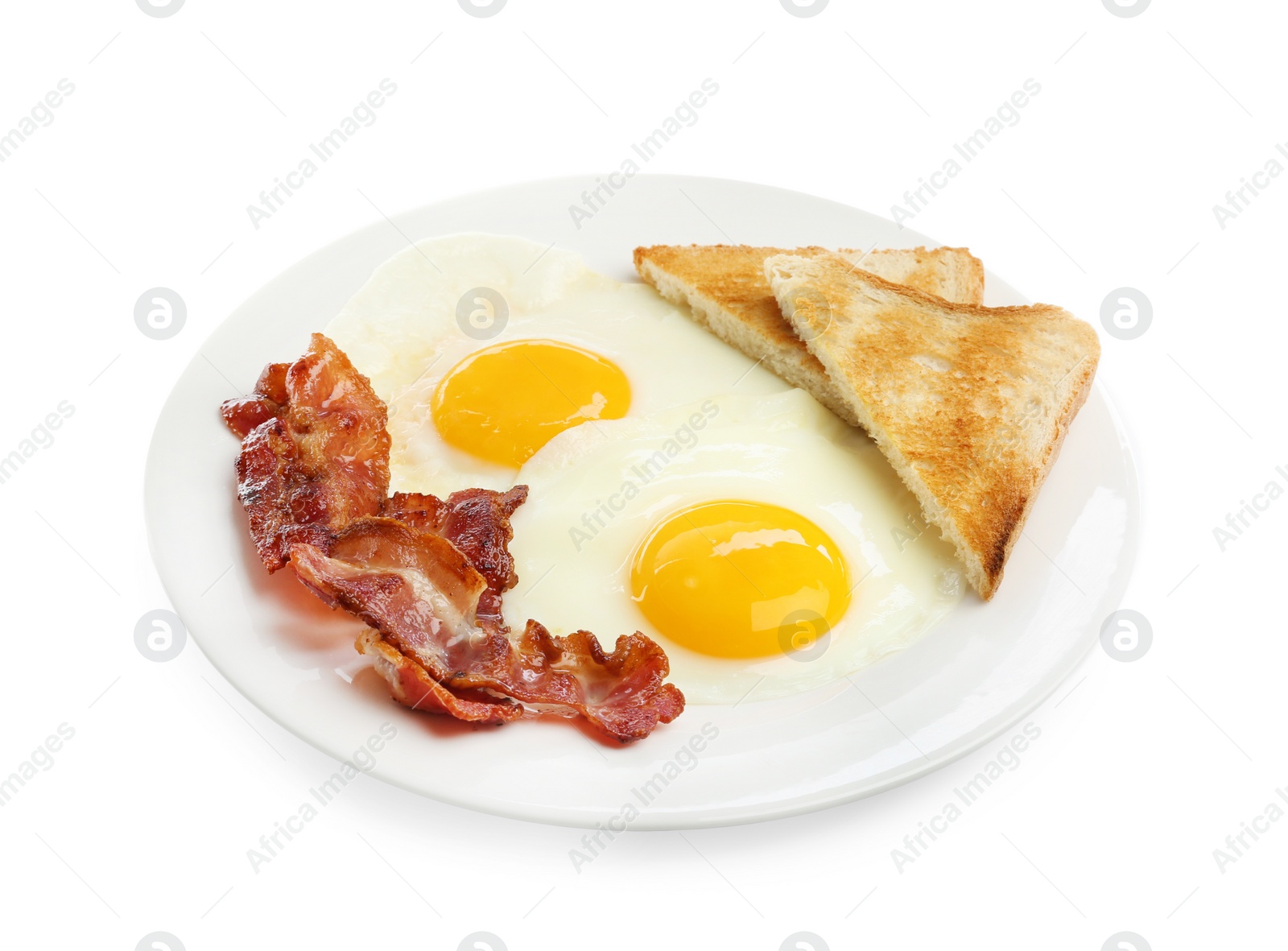 Photo of Delicious breakfast with sunny side up eggs isolated on white