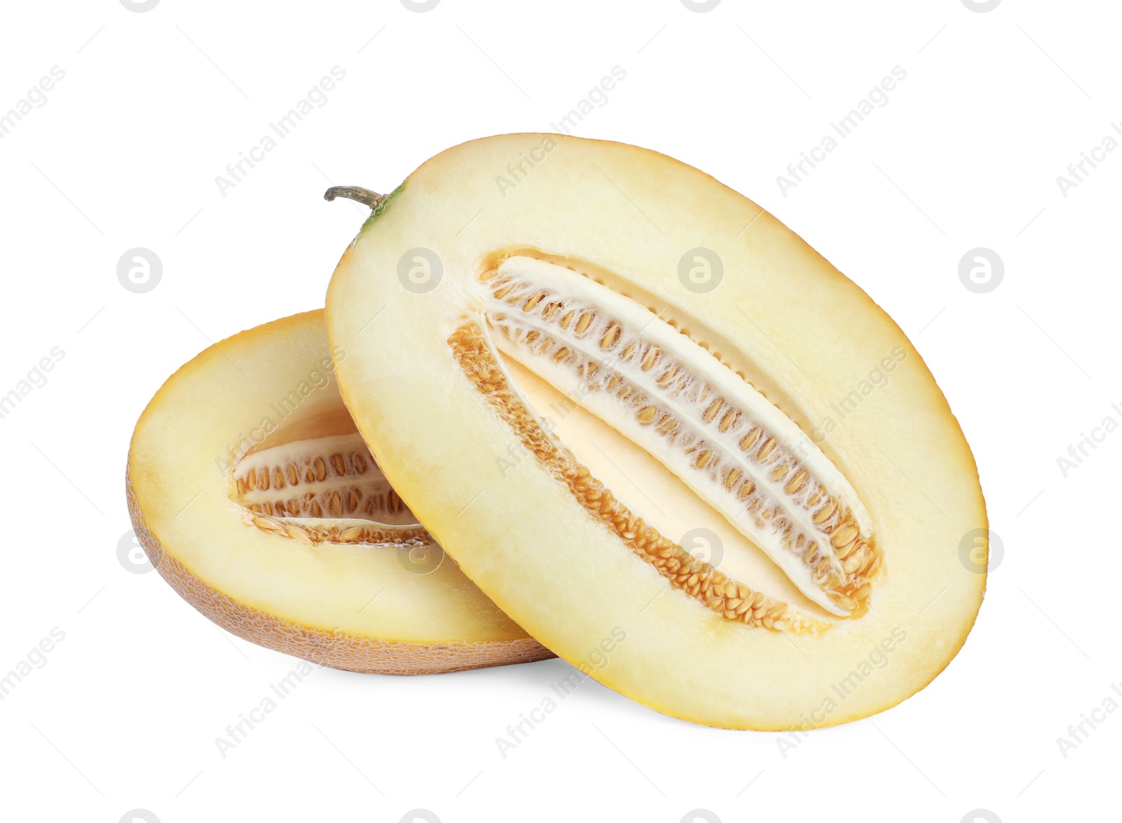 Photo of Halves of delicious ripe melon isolated on white