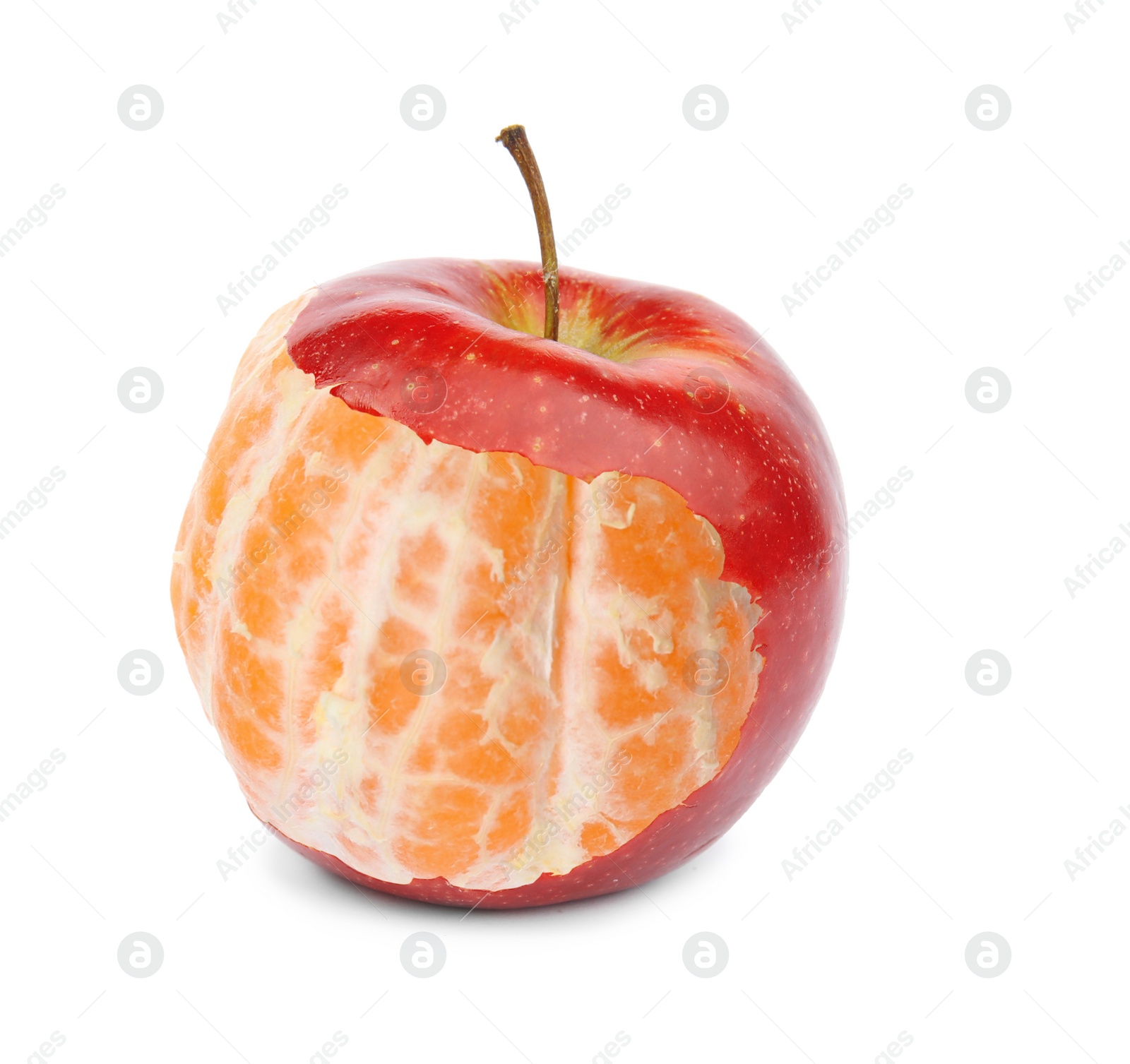 Image of Genetically modified apple with tangerine on white background