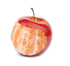 Image of Genetically modified apple with tangerine on white background