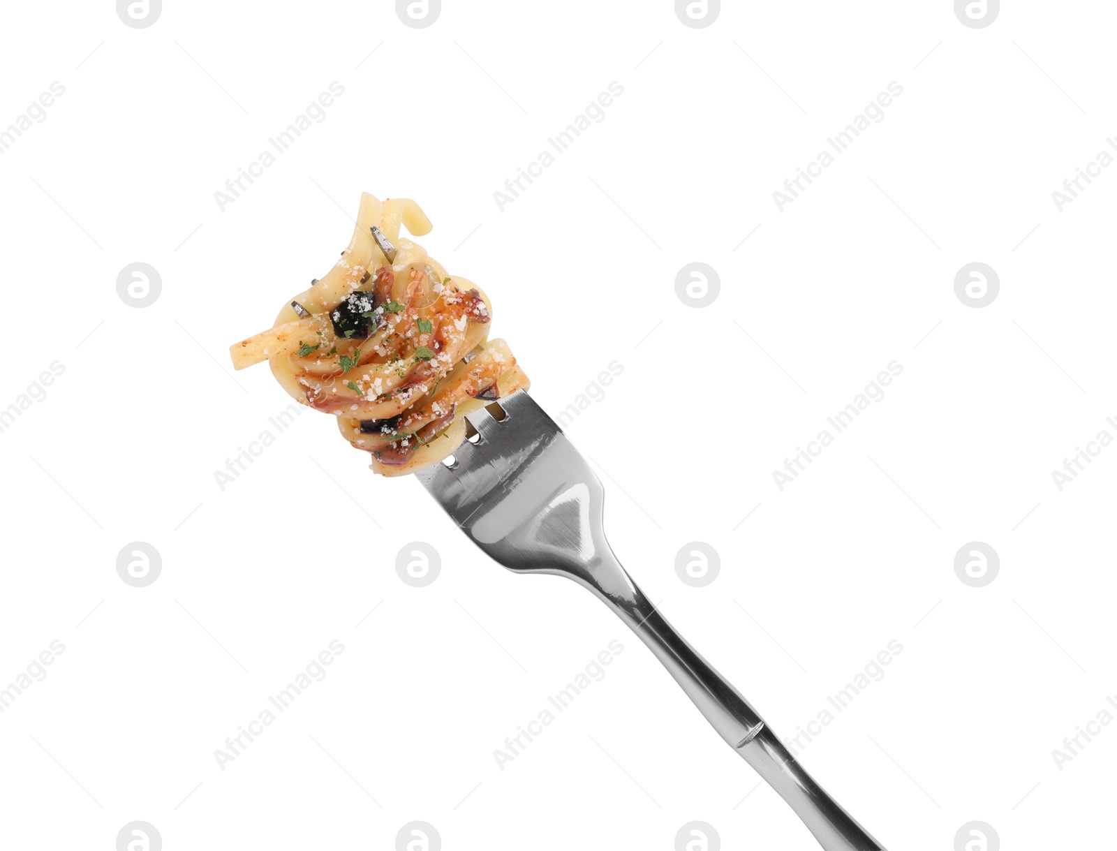 Photo of Fork with tasty pasta isolated on white, top view