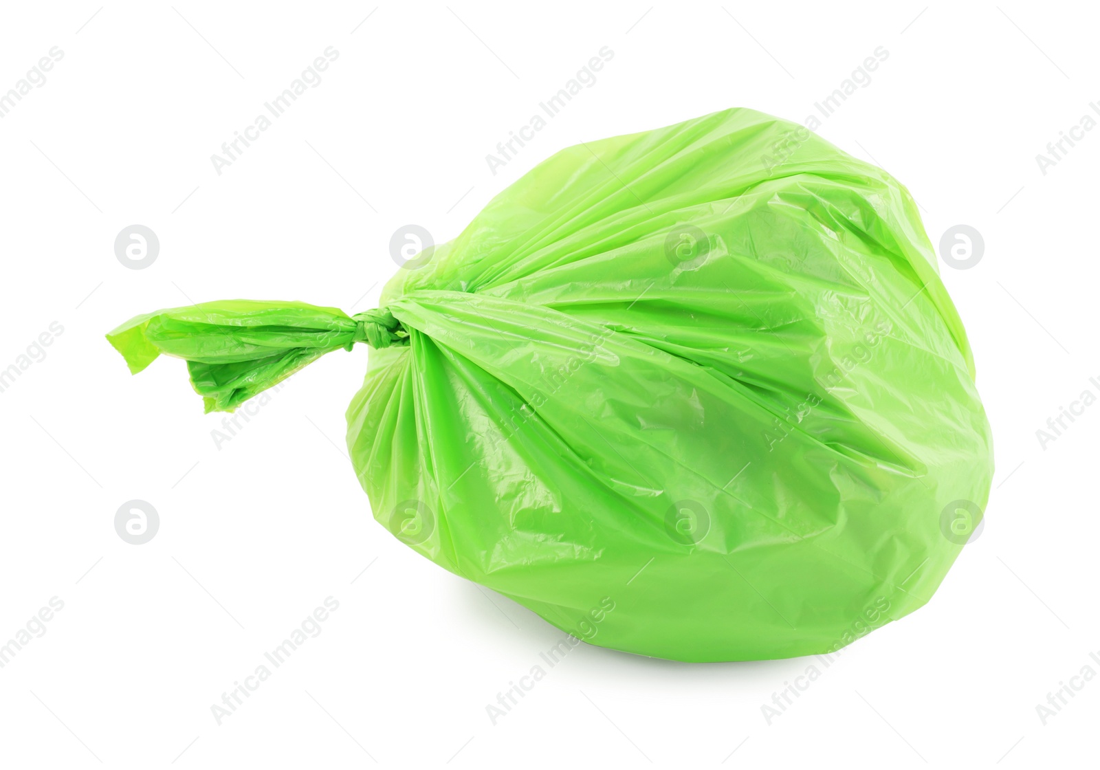 Photo of Green plastic garbage bag isolated on white