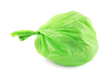 Photo of Green plastic garbage bag isolated on white