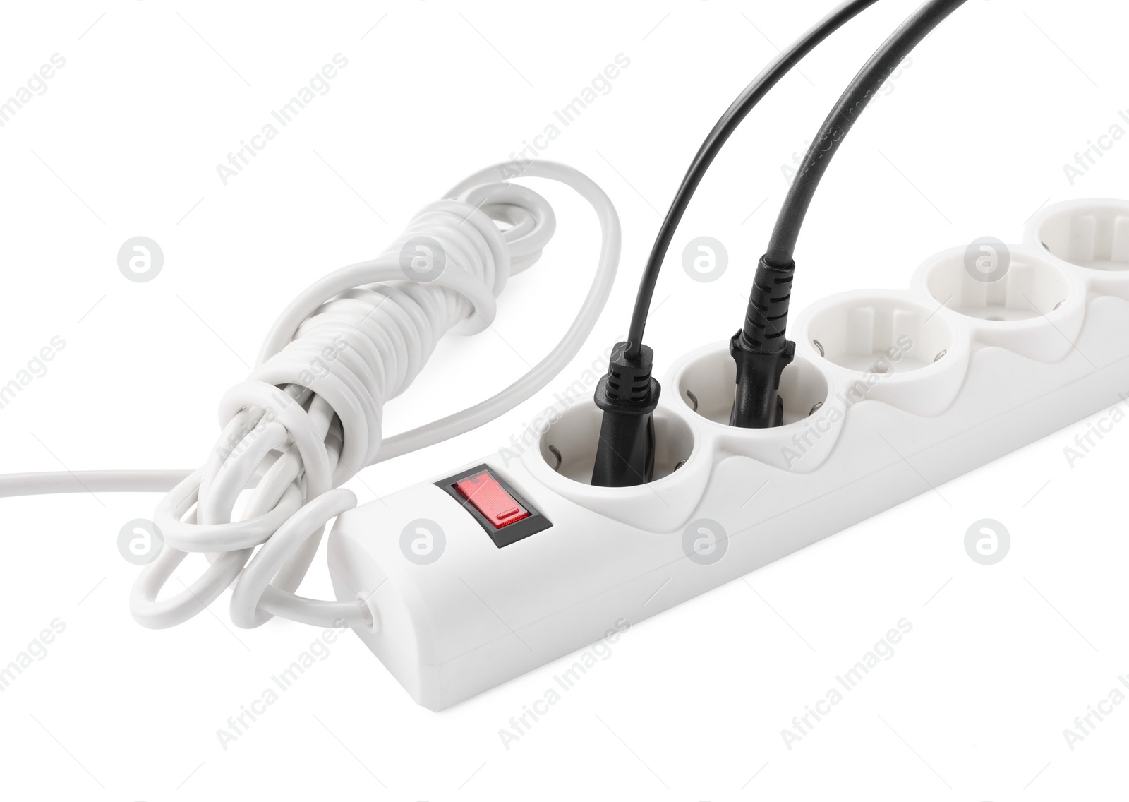 Photo of Power strip on white background. Electrician's equipment