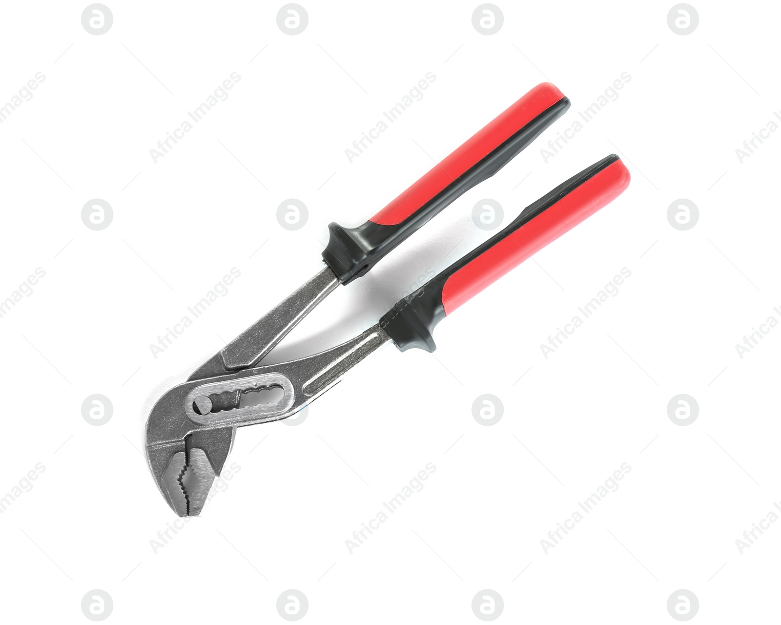 Photo of Water pump pliers on white background, top view. Construction tools